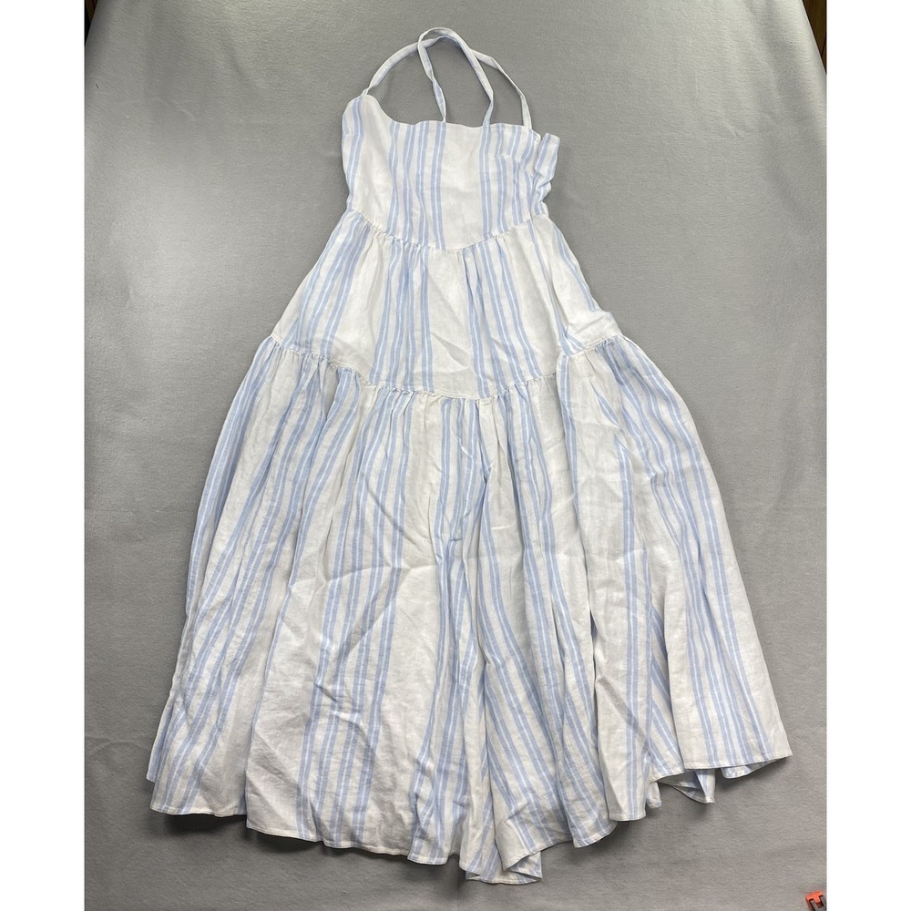 Polo Ralph Lauren Dress Womens 6 White Striped Shirred Linen Crisscross Straps